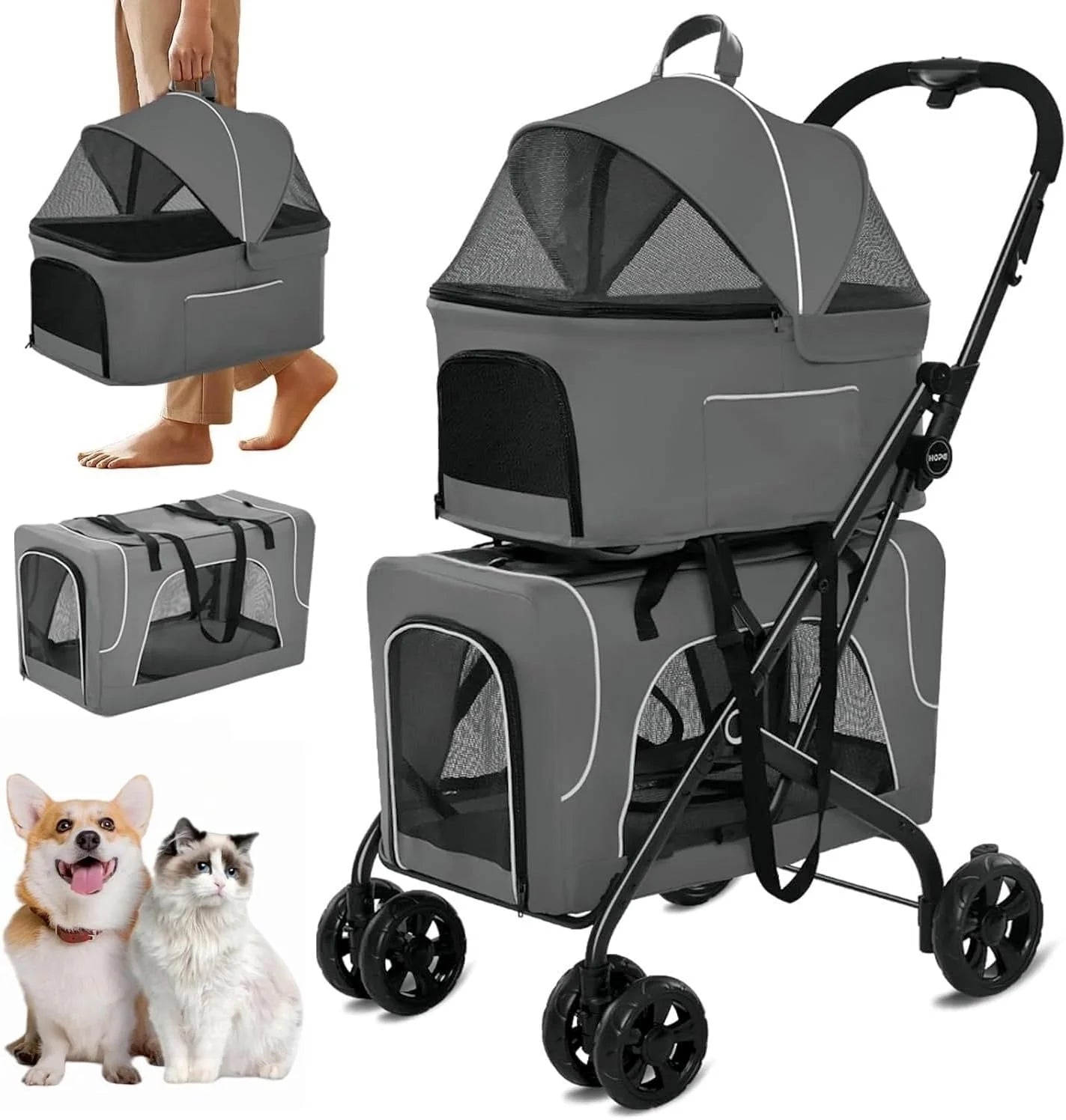 Double Dog Stroller for 2 Dogs, Detachable Carriers, Safety Belt, Lockable Wheels, Pet Travel Carrier Strolling Cart, Folding Cat Stroller for Small Medium Pets Dogs (Blue)