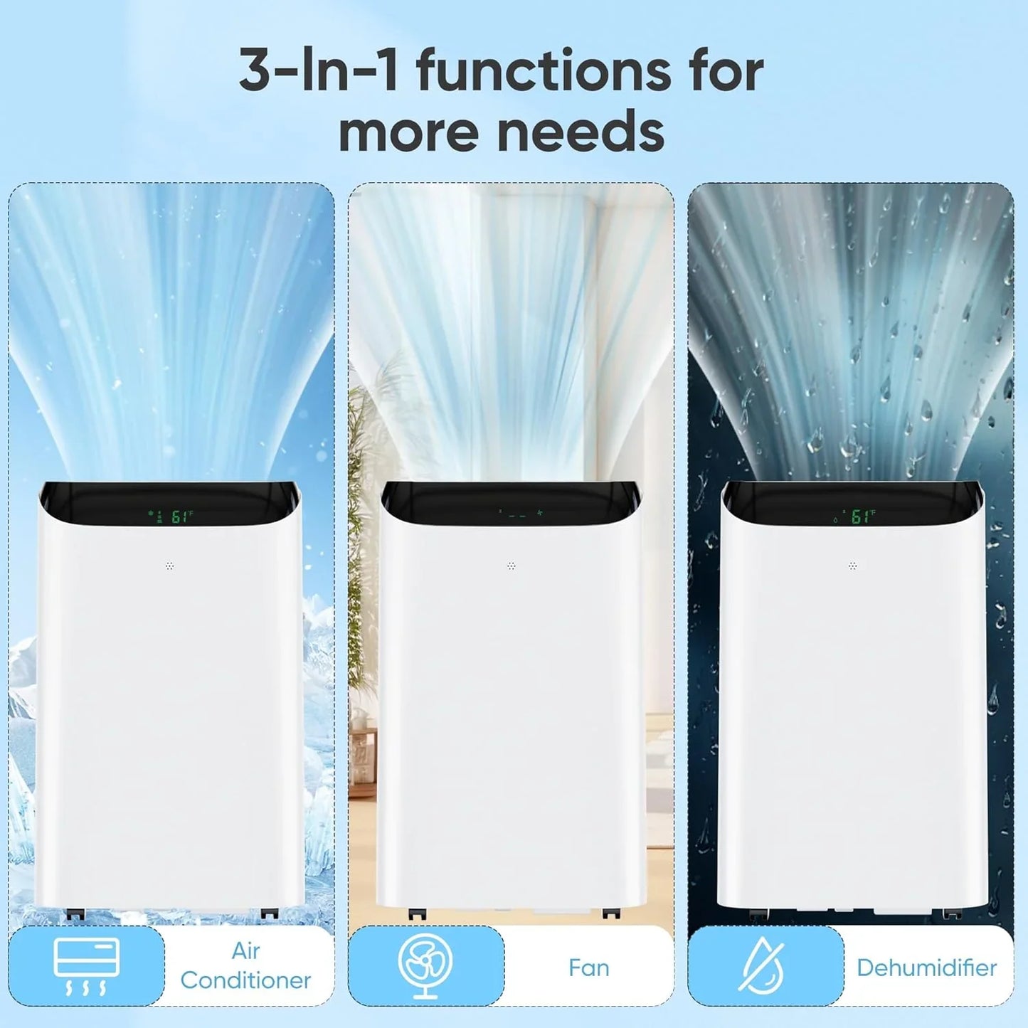 Portable Air Conditioner Cools Up to 700 Sq.Ft, 3-IN-1 Energy Efficient Portable AC Unit with Remote Control & Installation Kits for Large Room, Campervan, Office, Temporary Space