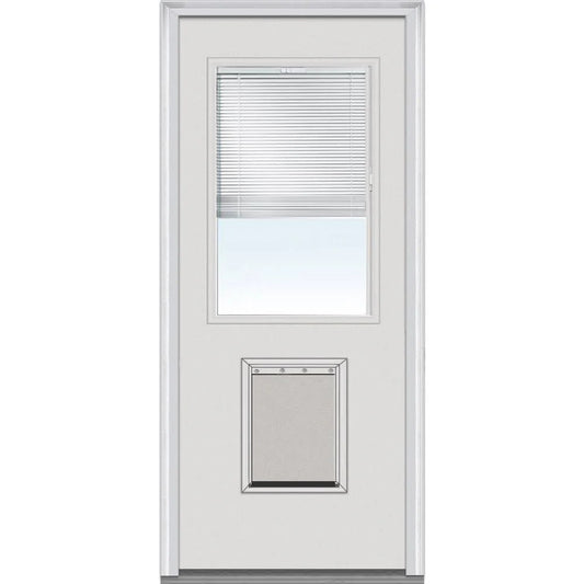 National Door Company Steel Exterior Door, Primed, 1/2 Lite with Clear Glass Internal Blinds & Pet Door, Right Hand Inswing, 32�测��x80�测��