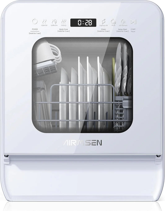 Desktop dishwasher set, double-layer shelf design, portable dishwasher, built-in 5-liter water tank, 3 spray arms, 12-hour delay start, no need to connect power supply, white model