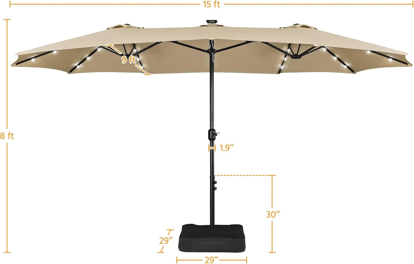 15 ft Large Patio Umbrella with Solar Lights Double-Sided Outdoor Rectangle Market Umbrellas with 36 LED Lights/Base Included/Easy Crank for Patio Garden Yard Pool Lawn, Brown