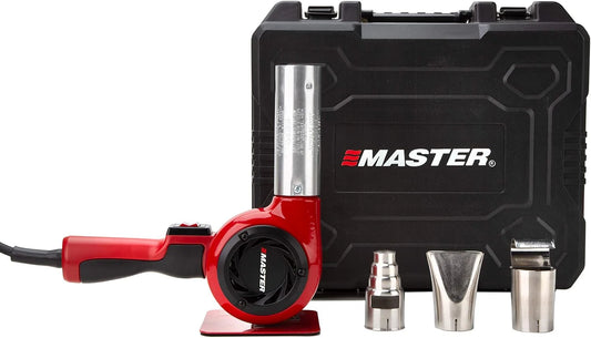 Industrial hot air gun kit, quick replacement of plug-in heating elements, adjustable temperature, voltage 120 volts, power 1740 watts, current 14.5 amps, assembled in the United States.