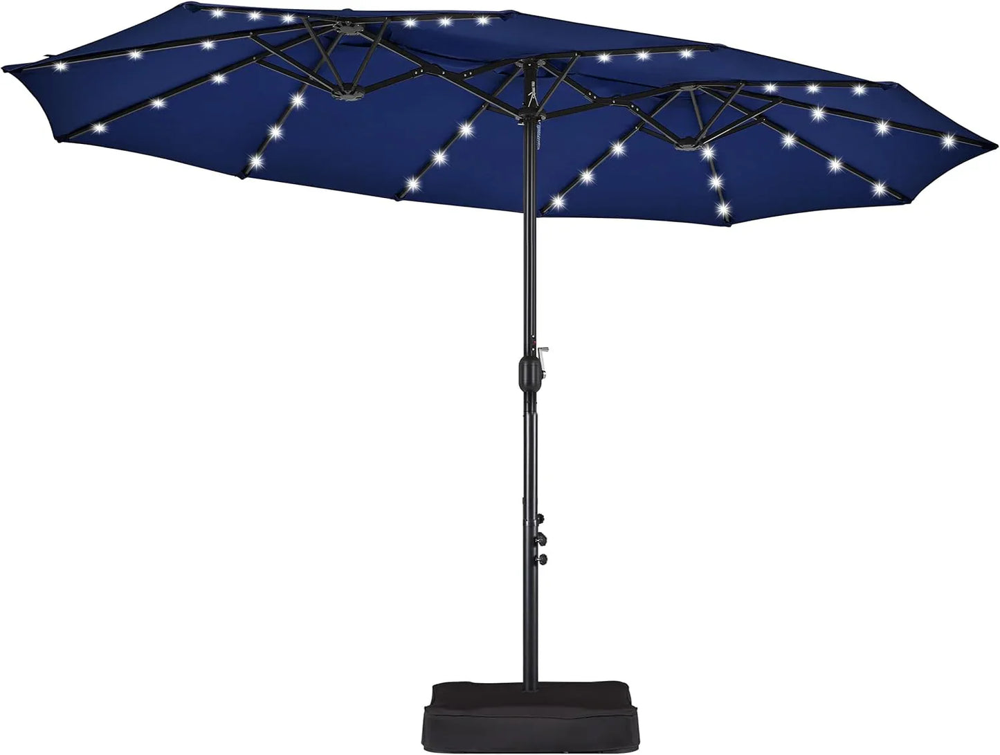 15 ft Large Patio Umbrella with Solar Lights Double-Sided Outdoor Rectangle Market Umbrellas with 36 LED Lights/Base Included/Easy Crank for Patio Garden Yard Pool Lawn, Brown