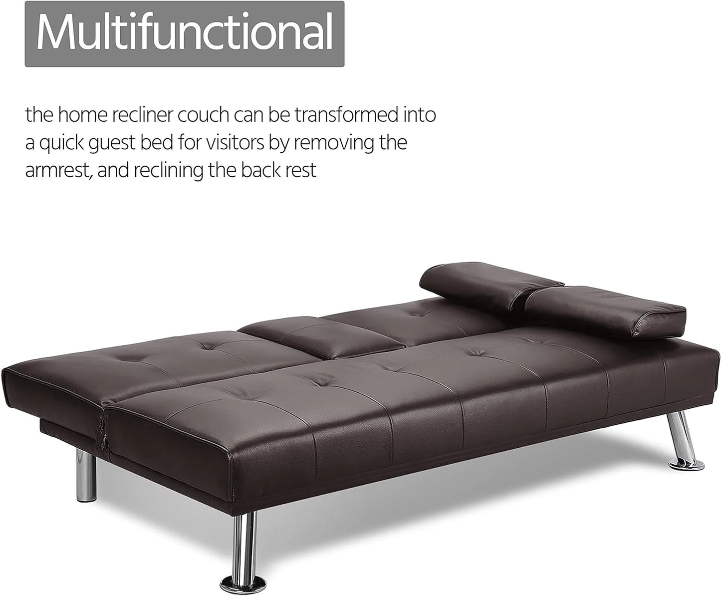 Yaheetech Convertible Sofa Bed Adjustable Couch Sleeper Modern Faux Leather Home Recliner Reversible Loveseat Folding Daybed Guest Bed, Removable Armrests, Cup Holders, 3 Angles, 772lb Capacity, Black