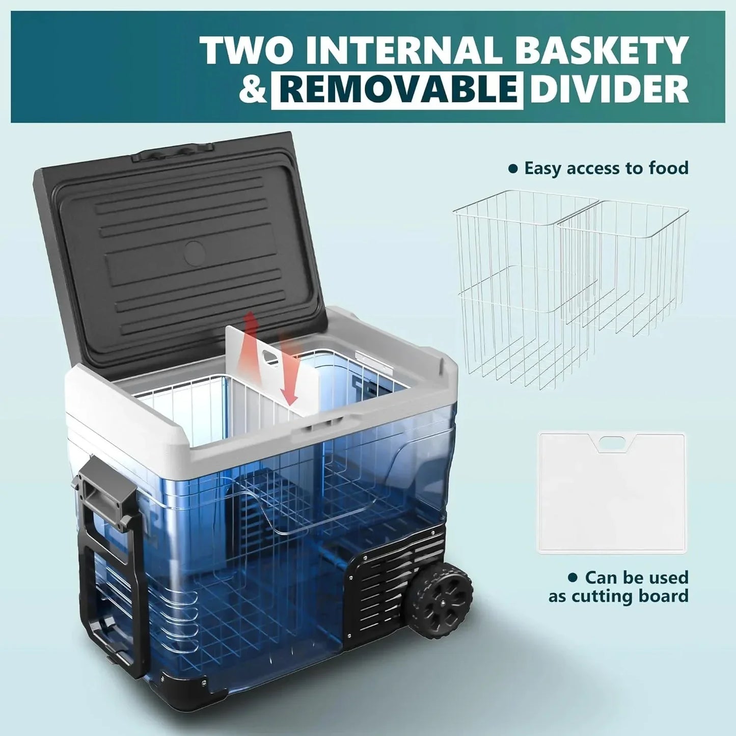 12 Volt Refrigerator, 53QT(50L) Electric Cooler, Portable Freezer 12V/24V DC 110-240V AC, 12V Fridge -4��~68��, 12V Cooler with Wheels & 2 Baskets for Travel, Truck, Boat, Camping