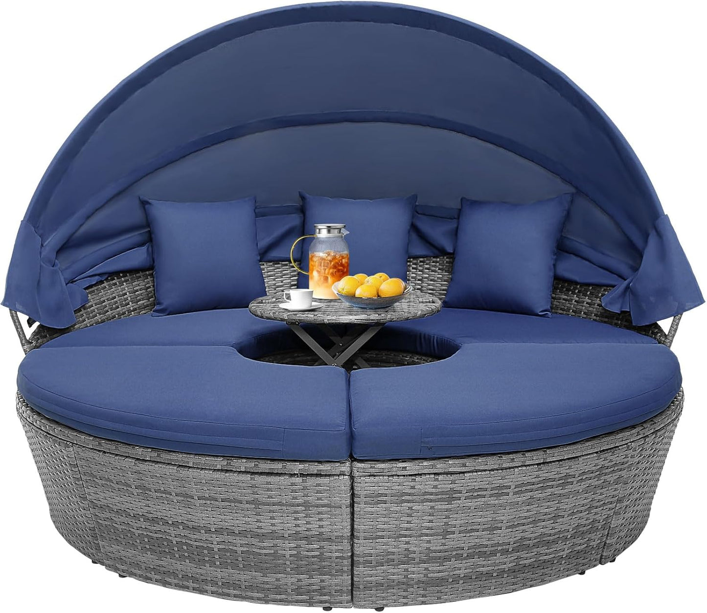 Outdoor daybed, rattan round daybed with sunshade canopy, patio set with cushions and adjustable coffee table, rattan patio furniture, suitable for backyard terraces, porches, and poolside (green color)