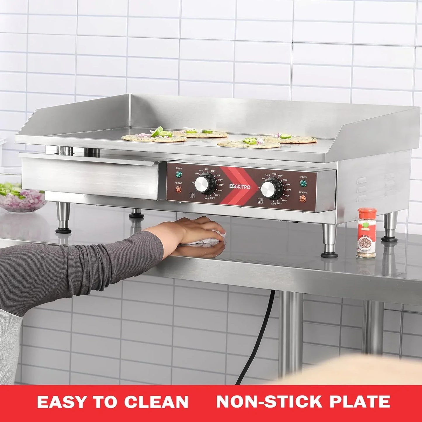 14 Inch Electric Griddle, Non-Stick Flat Top Grill Commercial Electric Countertop Griddles Stainless Steel Adjustable Temperature Control 90掳F-575掳F for Home or Restaurant Use