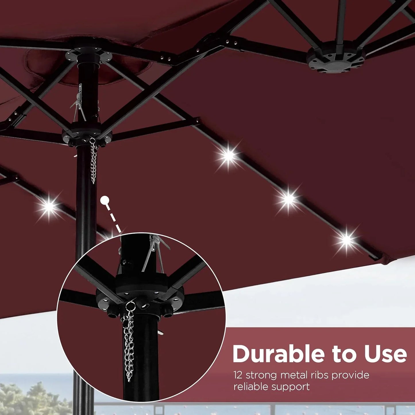 15 ft Large Patio Umbrella with Solar Lights Double-Sided Outdoor Rectangle Market Umbrellas with 36 LED Lights/Base Included/Easy Crank for Patio Garden Yard Pool Lawn, Brown