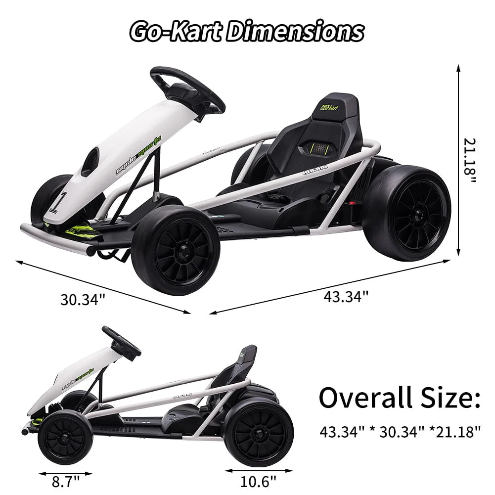 24V Go Kart for Kids 8-12, 300W*2 Motors, 9Ah Battery, 8MPH Speed, Music, Horn, 175lbs Max Load �� White